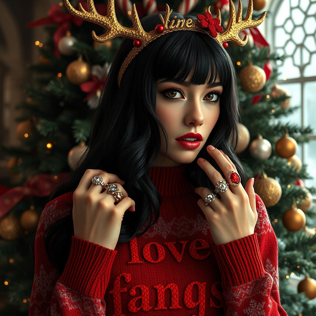 Festive Vampire Woman in Opulent Christmas Setting