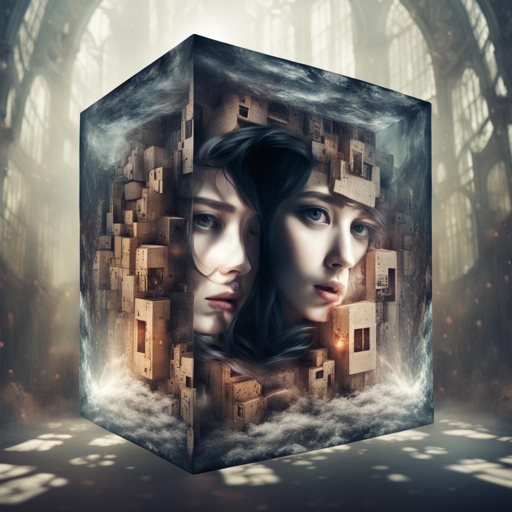 Surreal Double Exposure: Gothic Face Escaping Fantasy Cube