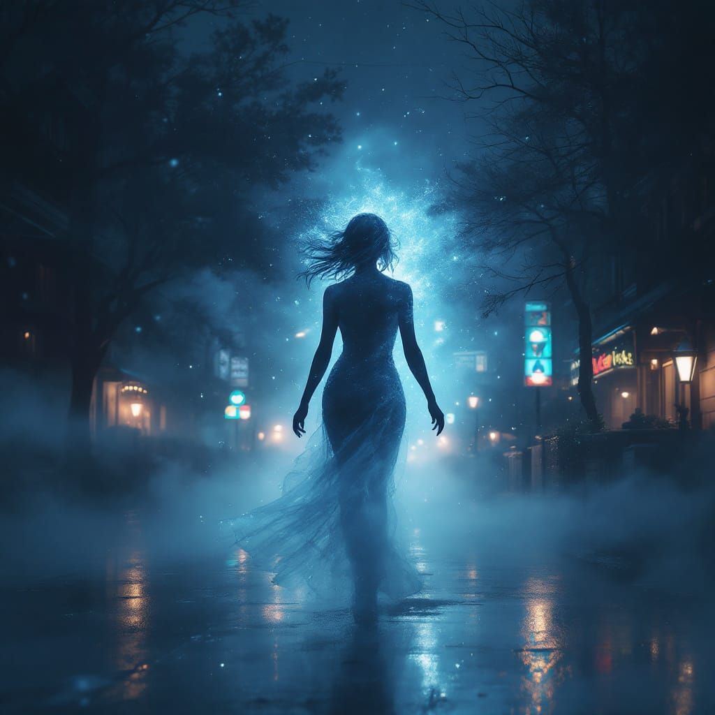 Woman Formed of Fog Walks Misty Street at Night