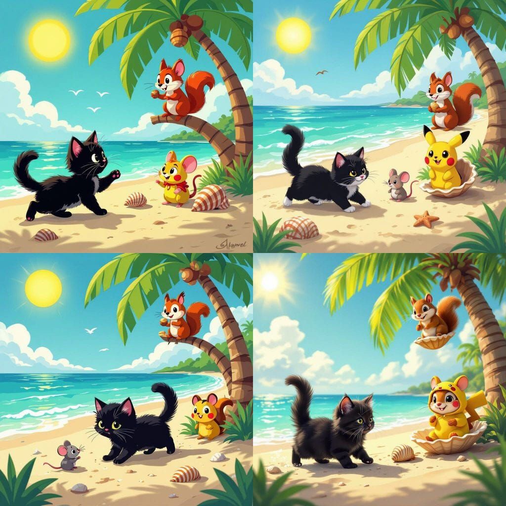 Playful Kitten Chasing Tail on Tropical Beach with Pikachu M...