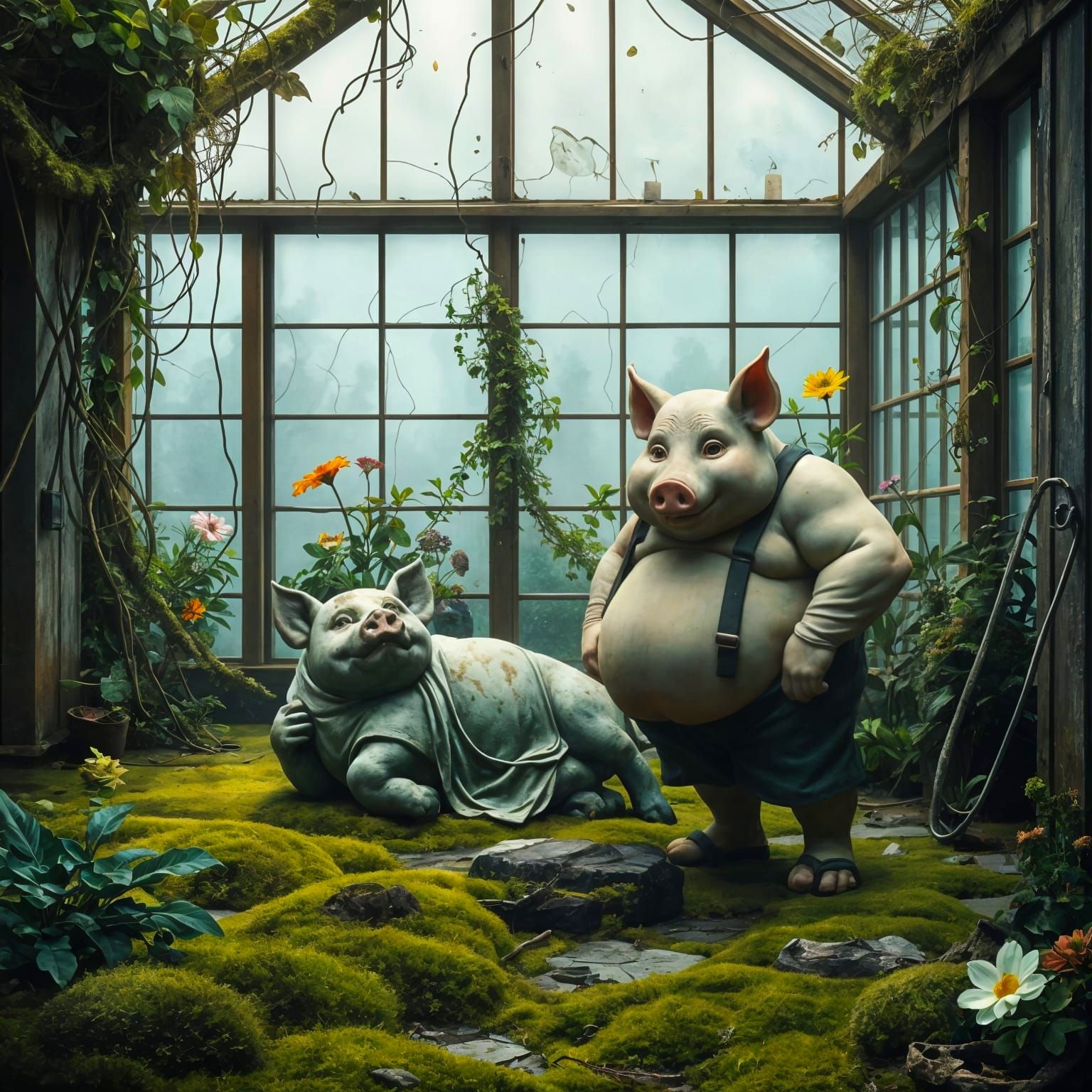 Pig God Statue in Overgrown Greenhouse