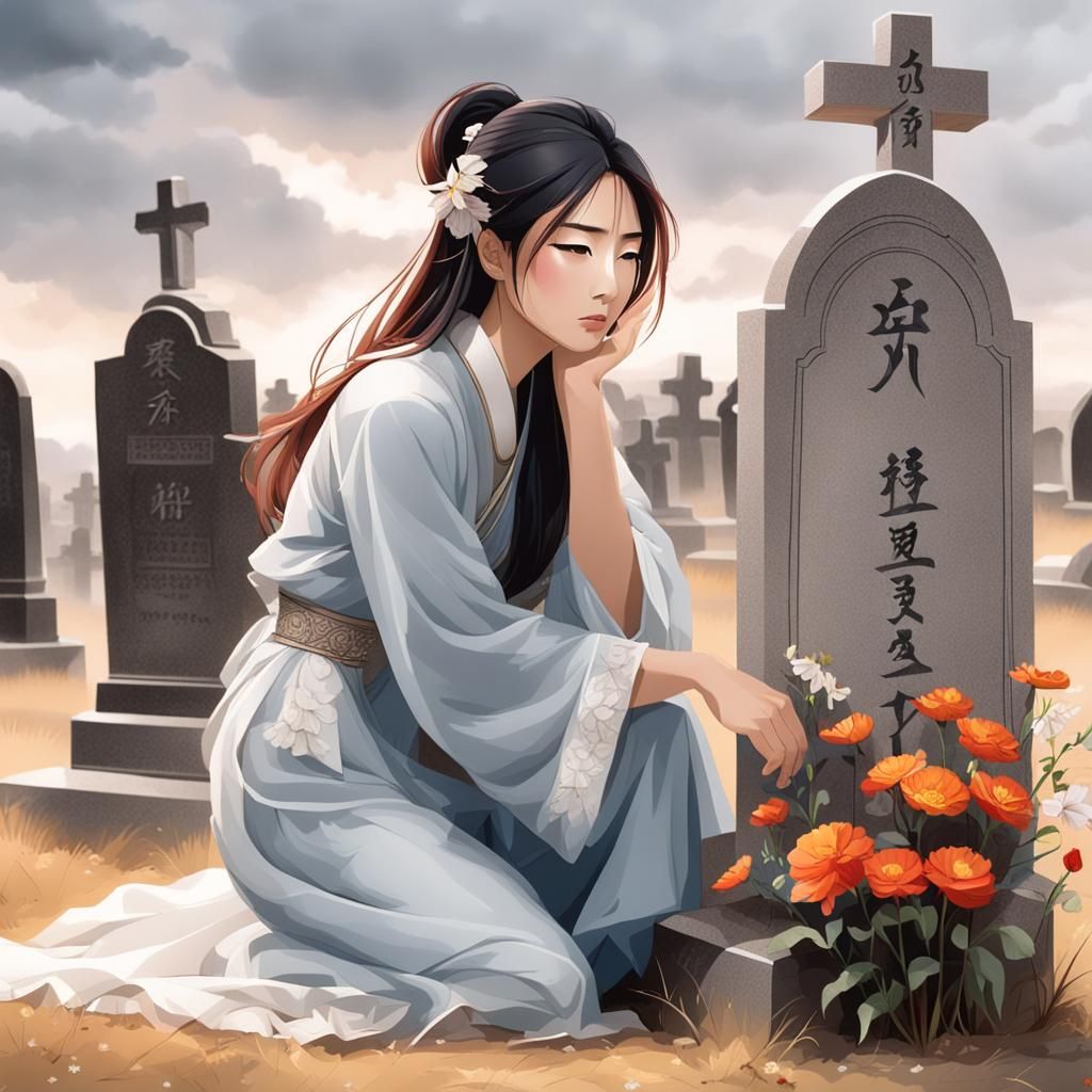 Sorrowful Woman Visits Tombstone on Overcast Day