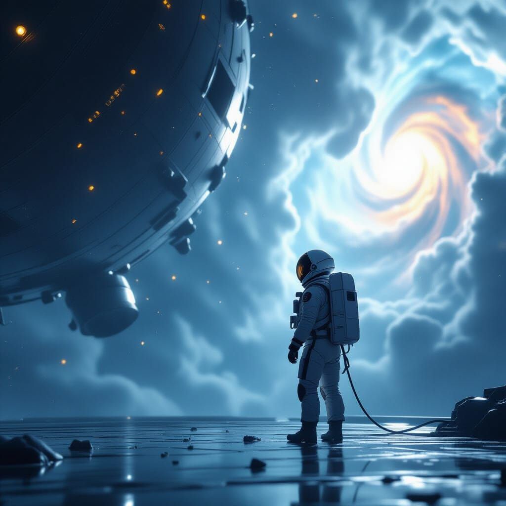 Astronaut Gazes at Nebula from Derelict Ship