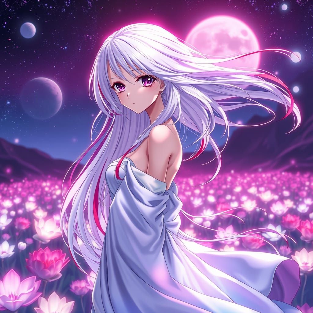 Anime Woman in Bioluminescent Alien Landscape