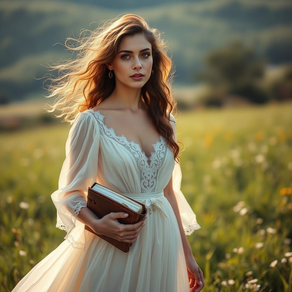 Woman with Journal in Sunlit Meadow, Ethereal Portrait