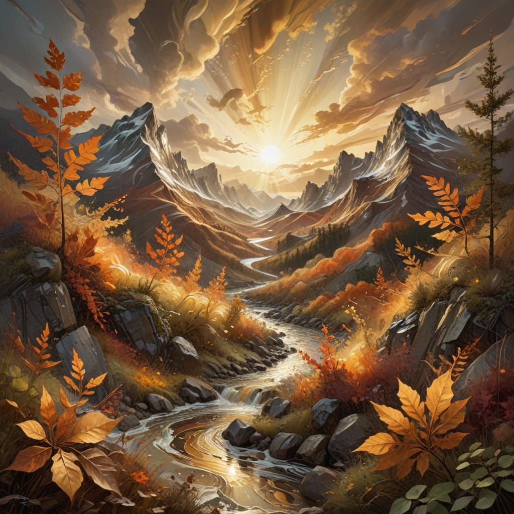 Abstract Autumn Forest Painting with Mountains