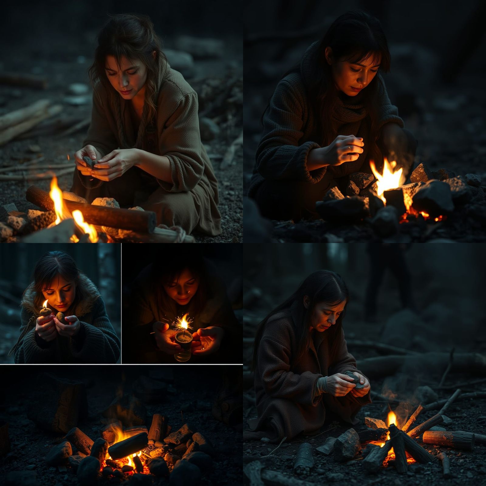 Post-Apocalyptic Woman Lights Campfire