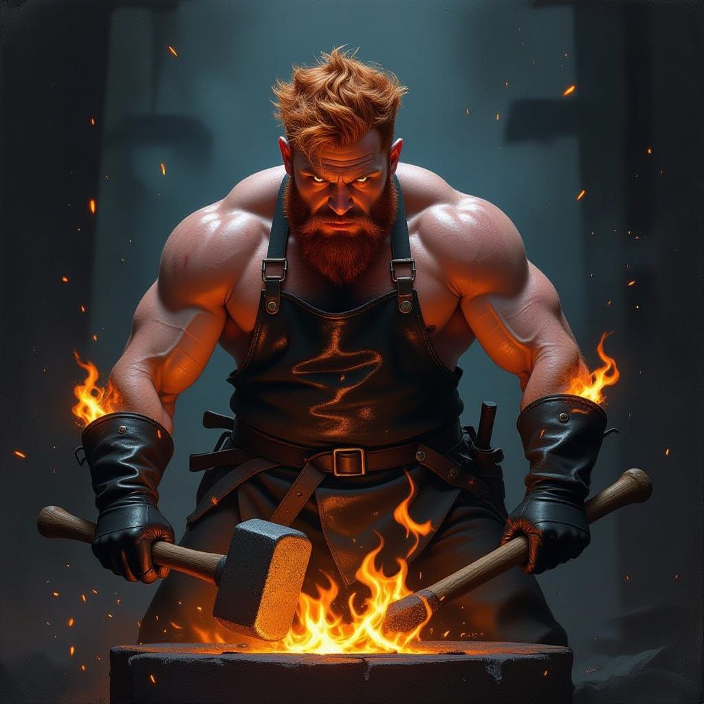Hunchbacked Blacksmith Wields Fiery Mallet in Dark Fantasy S...