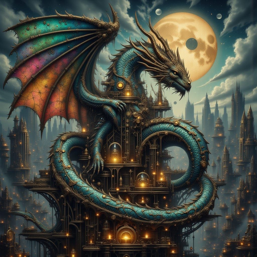 Celestial Dragon Coils Around Steampunk Clockwork Tower