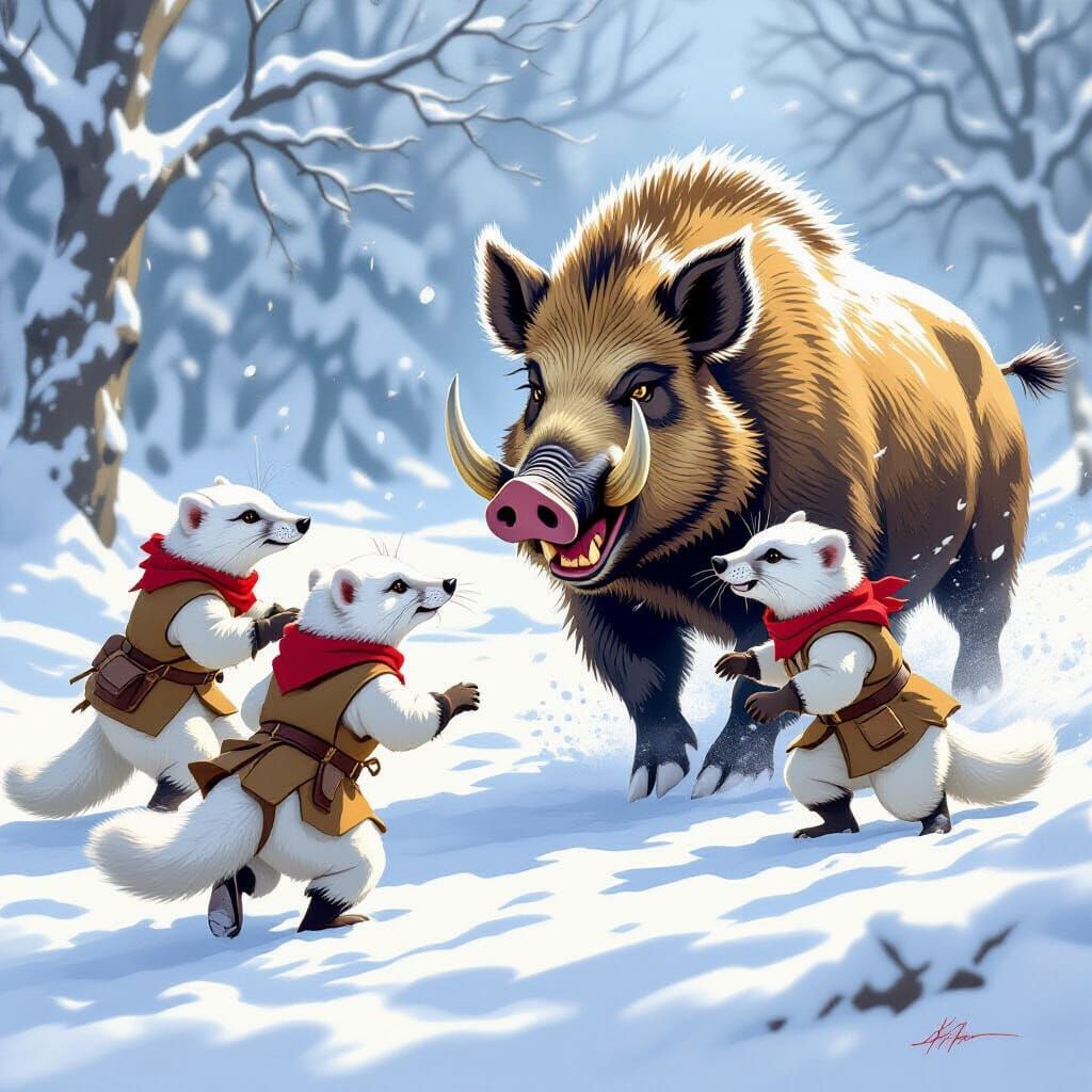Stoats Face Wild Boar in Snowy Storybook Scene