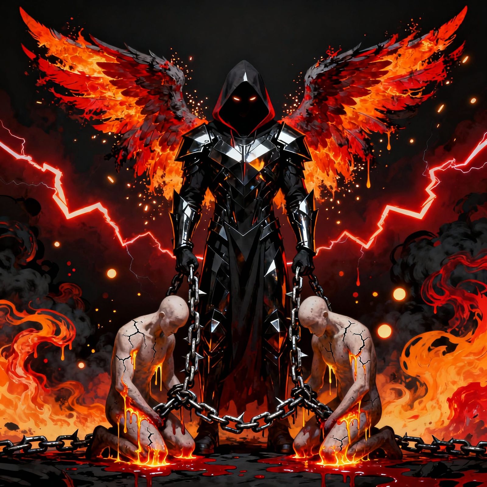 Menacing Angel with Fiery Wings and Molten Chains