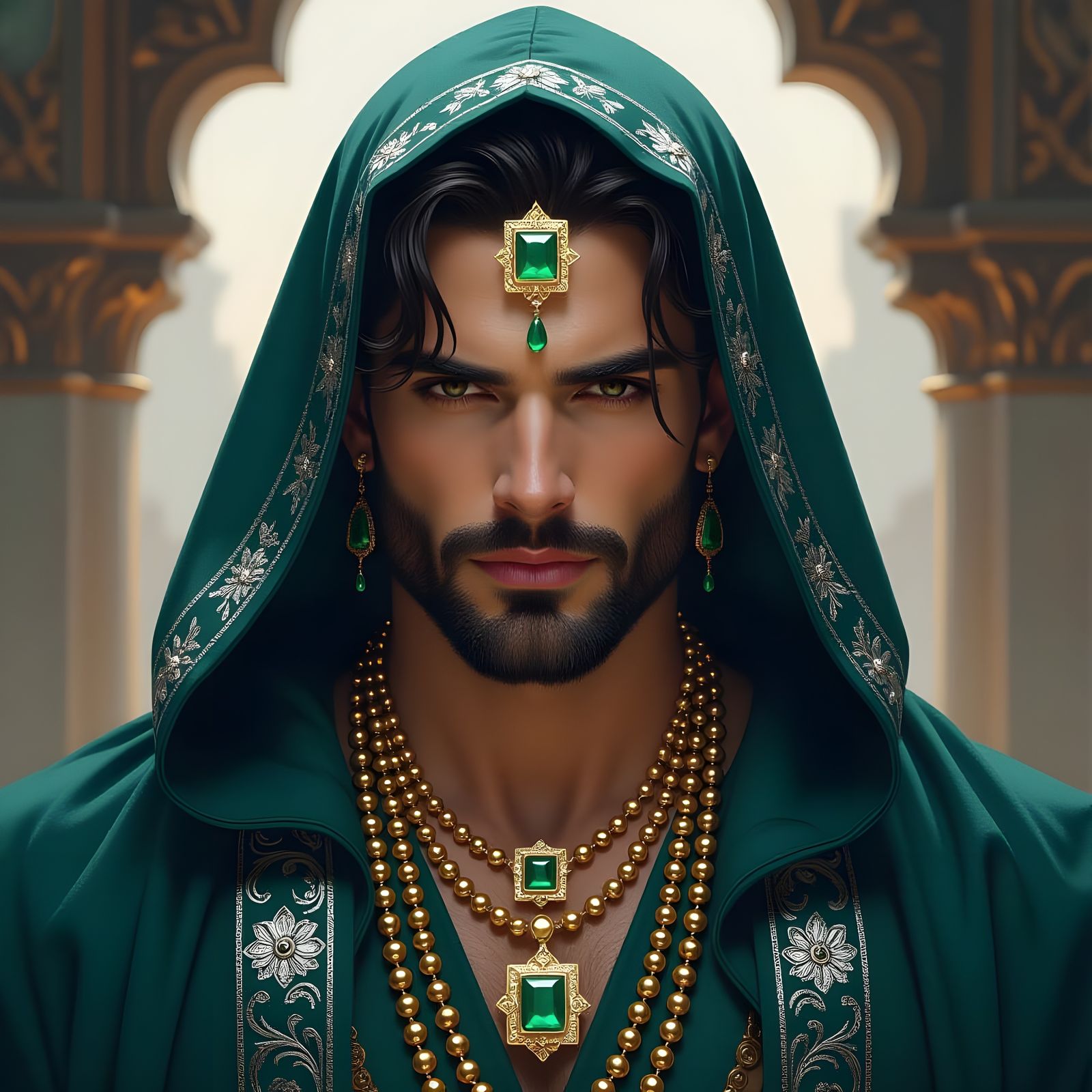 Regal Man in Teal Robe with Emerald Jewel