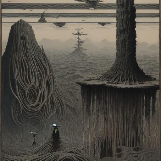 Grotesque Woodblock Print in Surreal Style