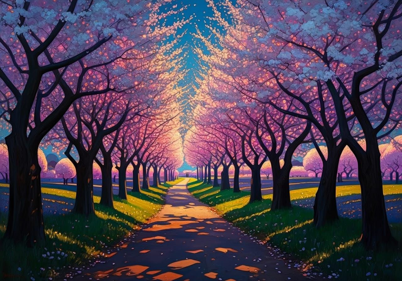 Dreamy Cherry Blossom Avenue in Whimsical Landscape