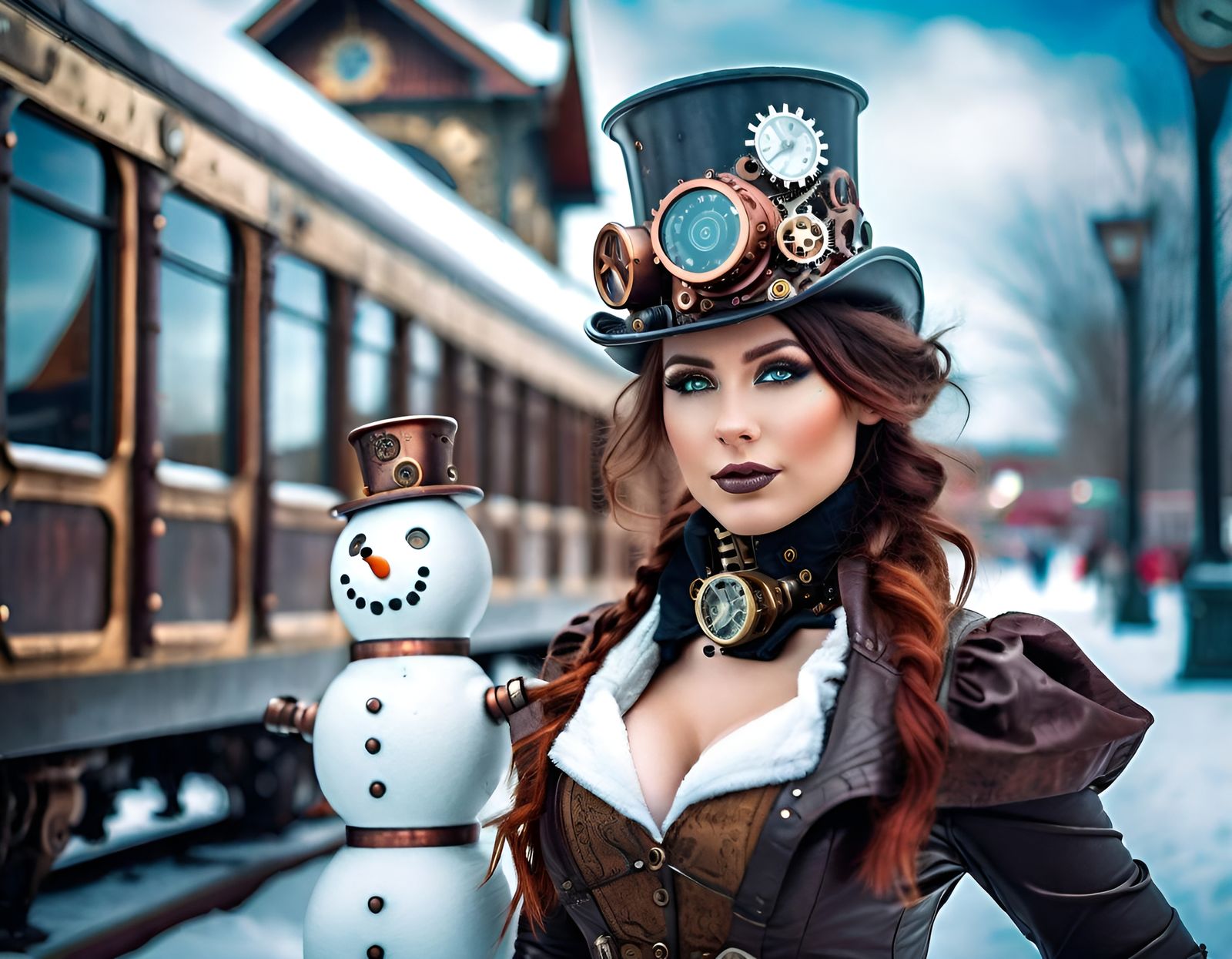Gorgeous perfect steampunk girl perfect outside a steampunk train station with a metal cyborg steampunk snowman a steamp...