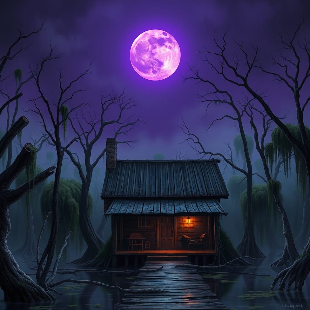 Louisiana Swamp Cabin Under Purple Moon, Gothic Art