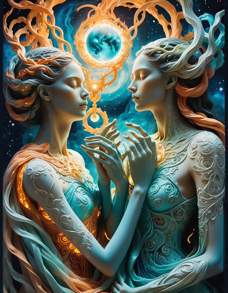 Surreal Intertwined Female Entities with Celestial Body