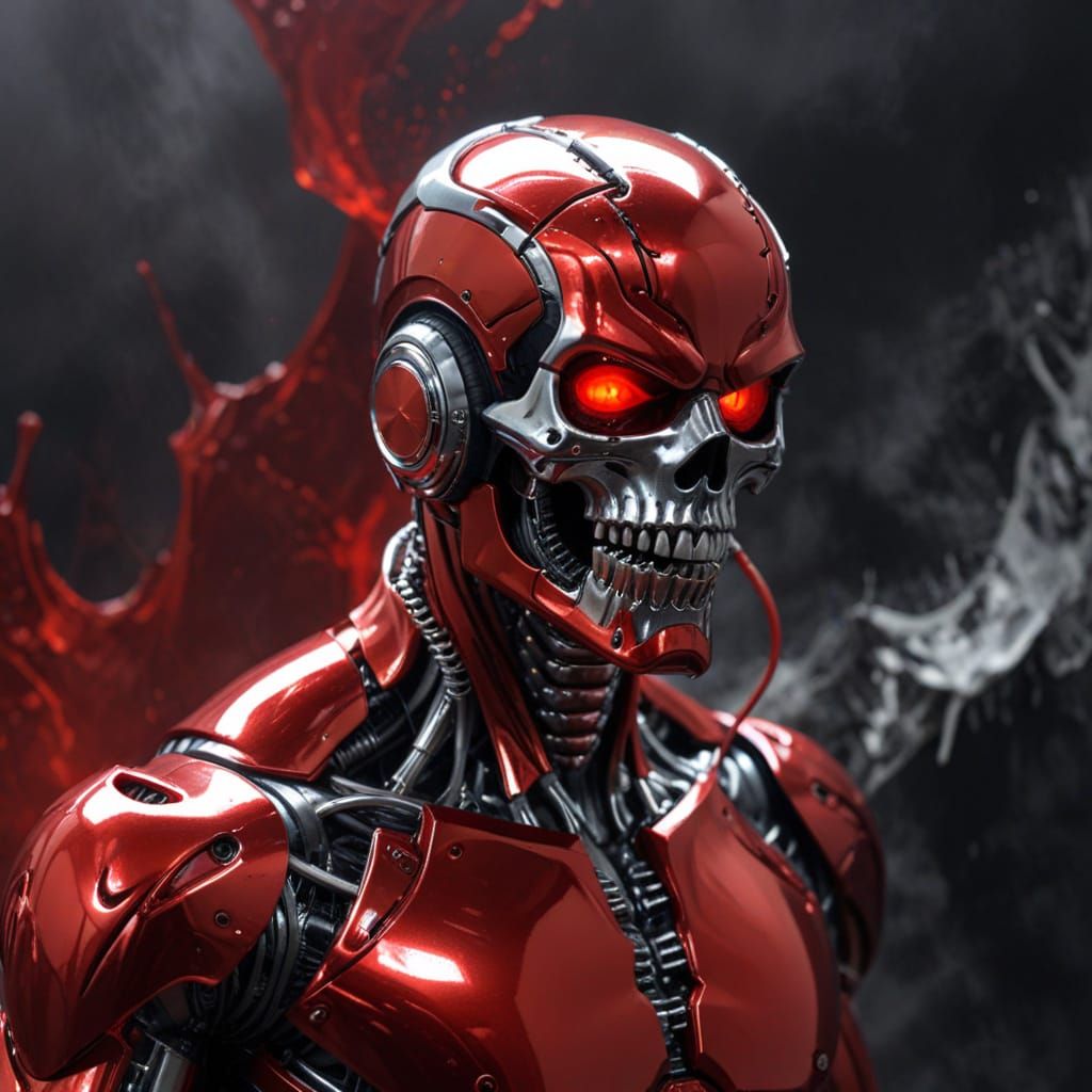 Chrome Red Robot in Hellish Underworld