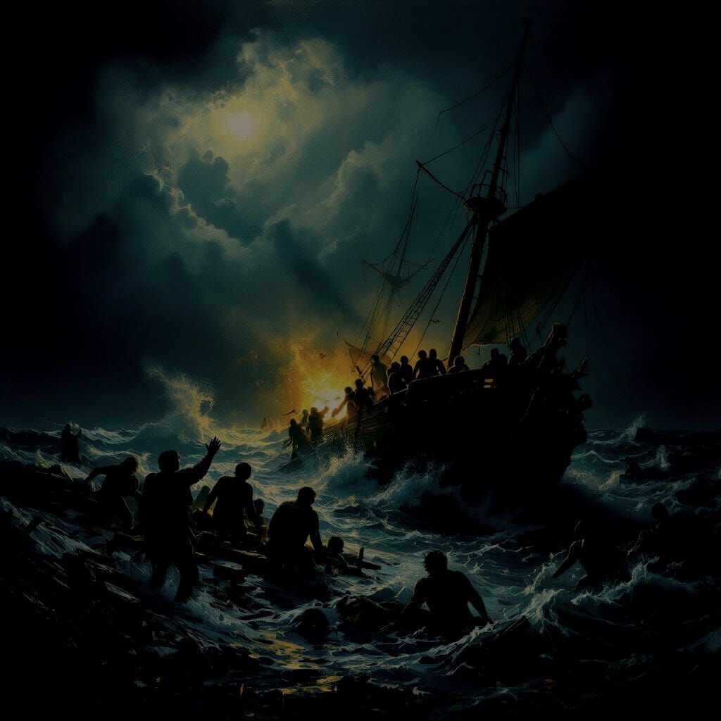 Sinister Shipwreck at Sea with Screaming Figures