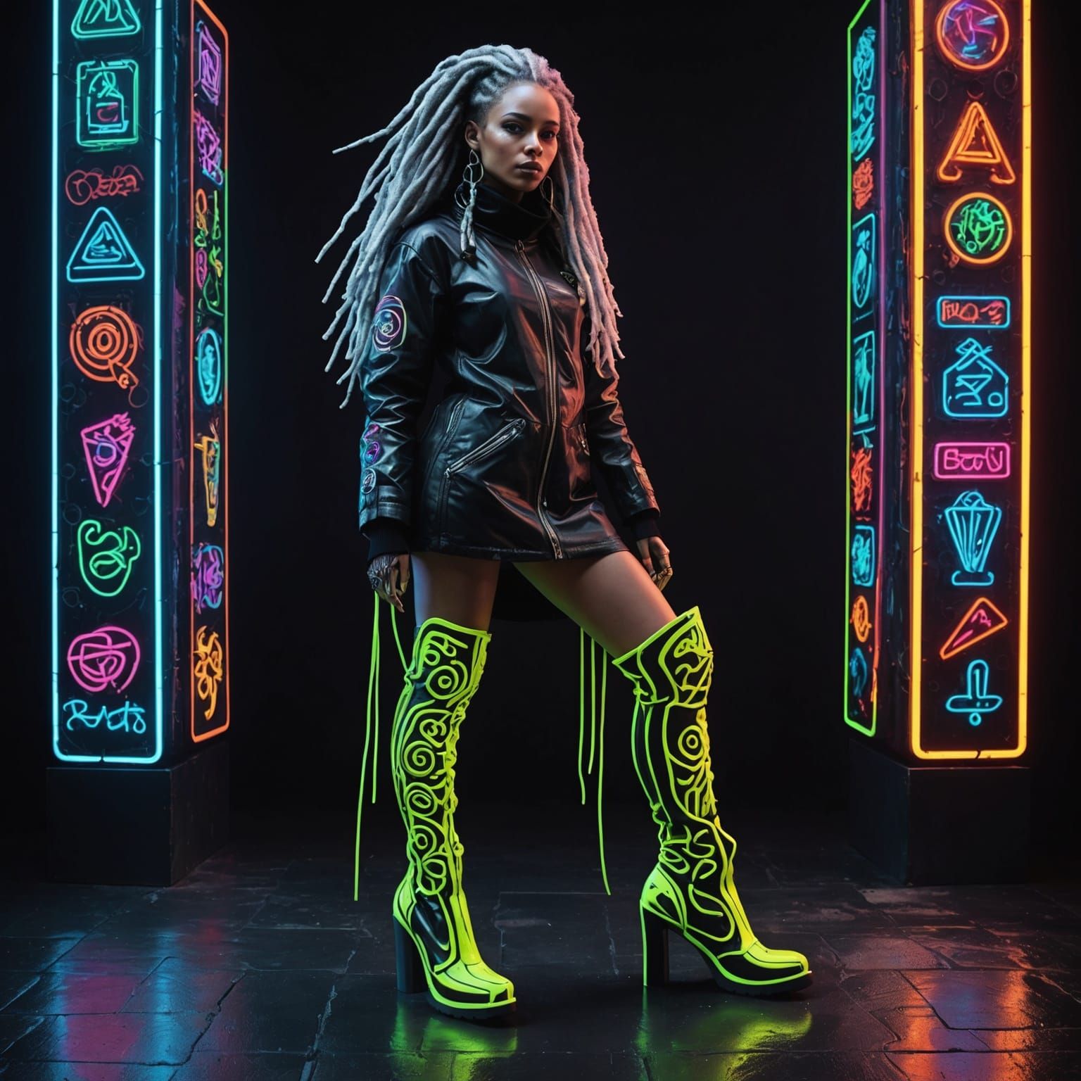 Neon-clad Woman with Dreadlocks in Cyberpunk Style