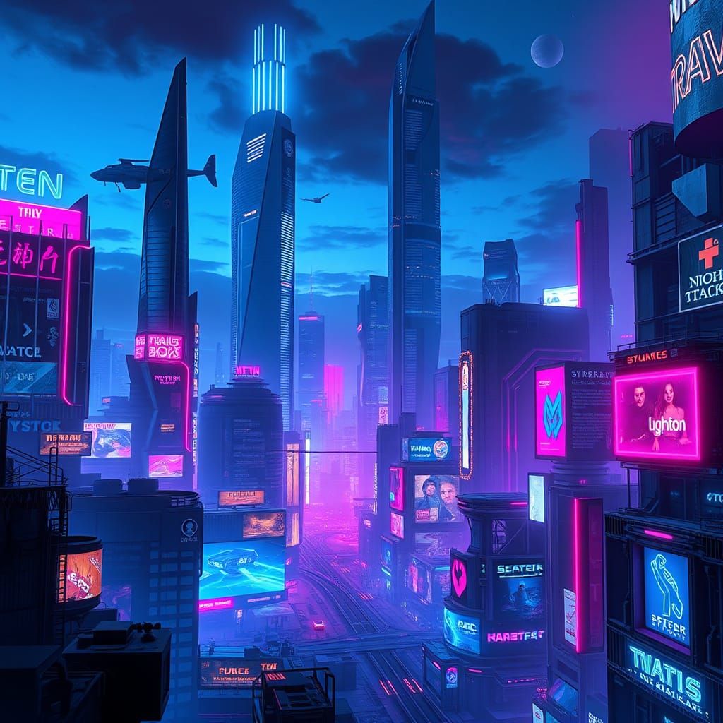 Futuristic Neon Cityscape at Dusk in Cyberpunk Style