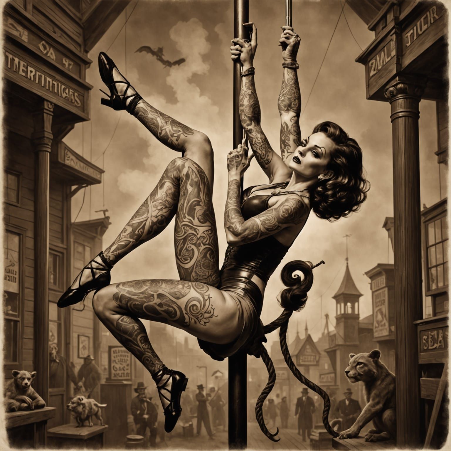 Sinister Sepia Photo of Tattooed Pole Dancer
