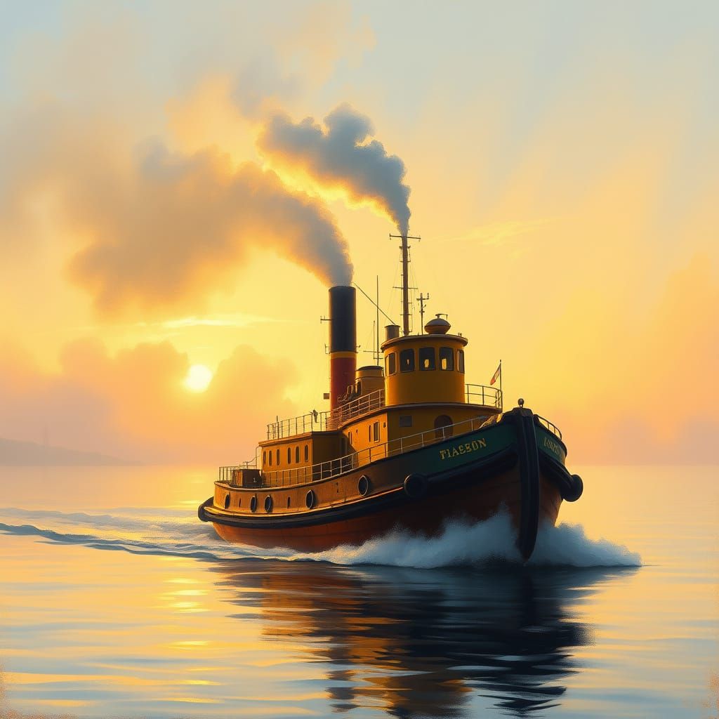 A Victorian Tugboat Chugs into a Sunset Harbour