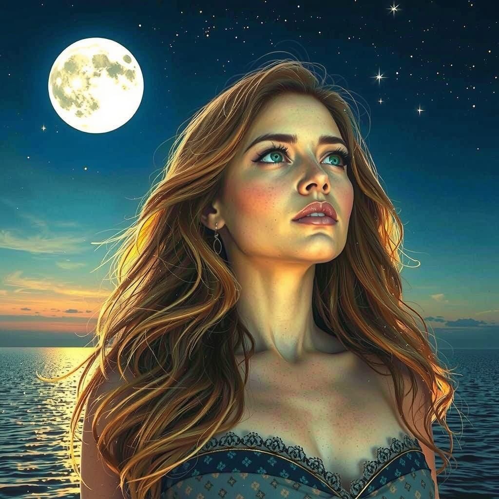 Ethereal Woman Gazing Towards the Horizon in a Dreamy Evenin...