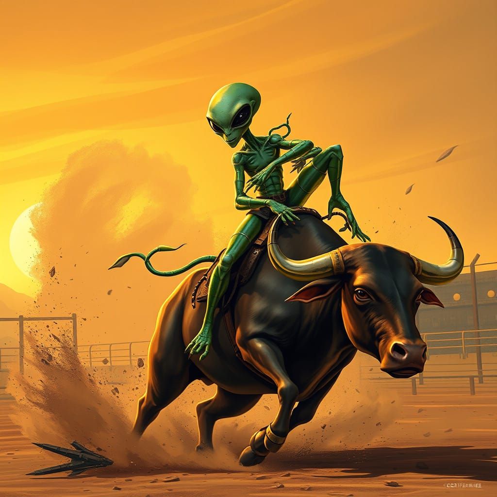 Ethereal Rodeo Rider in Radiant, Iridescent Spacesuit