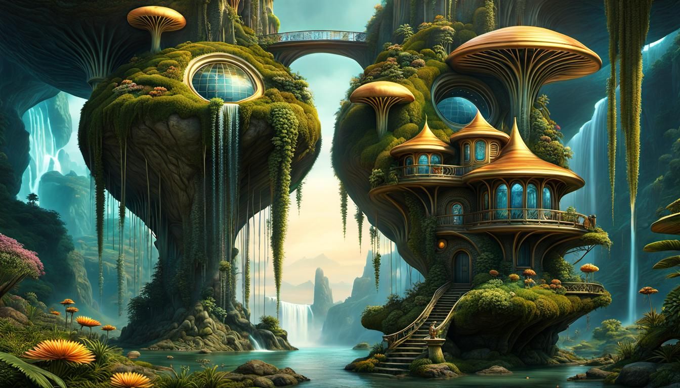 Surreal Alien Garden with Waterfall Cottage
