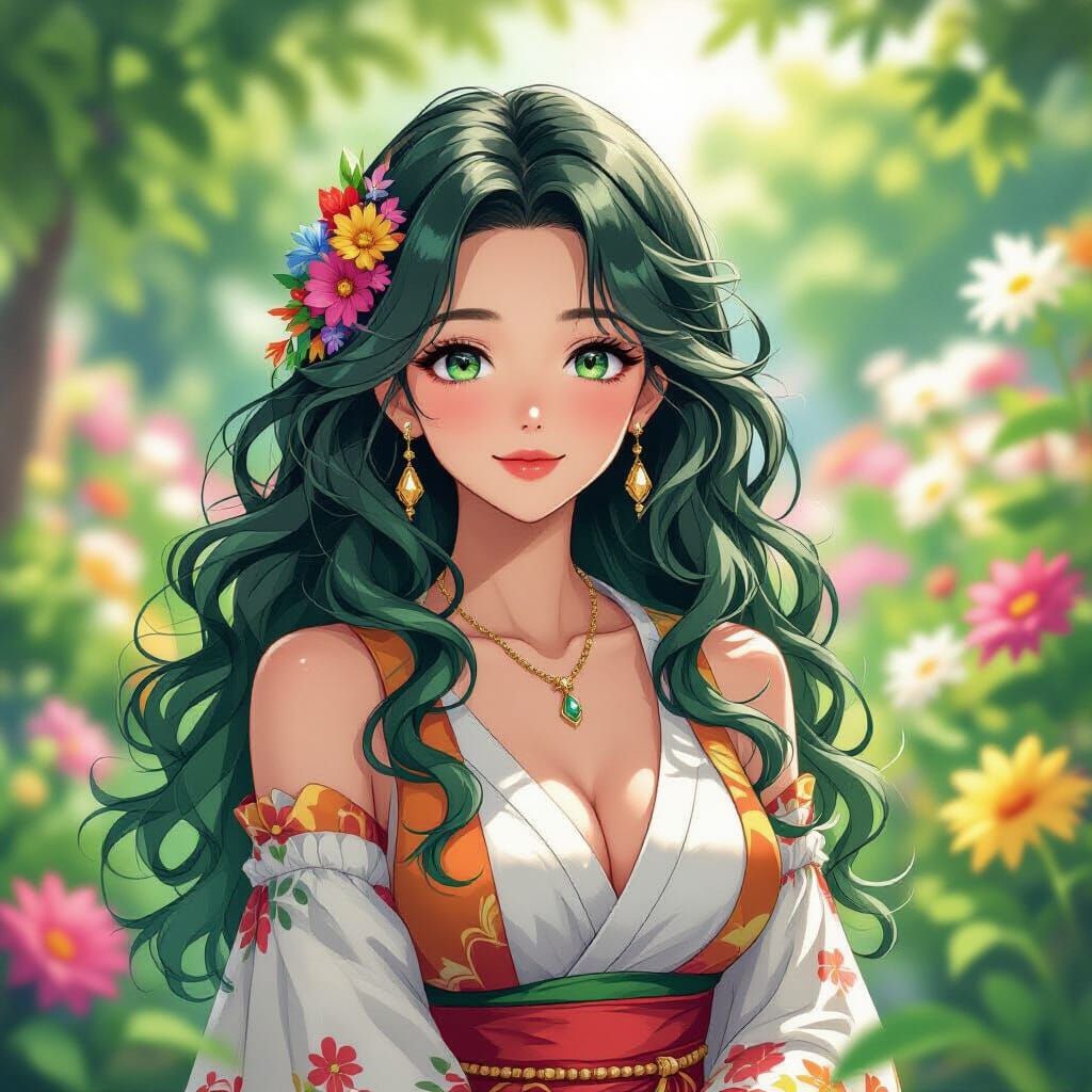 Radiant Woman With Green Hair in Colorful Garden Anime Style