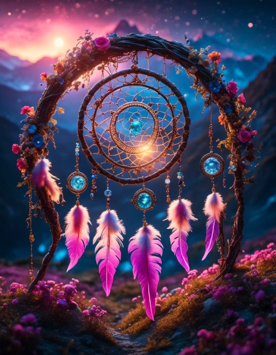 Shimmering Dreamcatchers in Hyperrealistic CGI Diorama