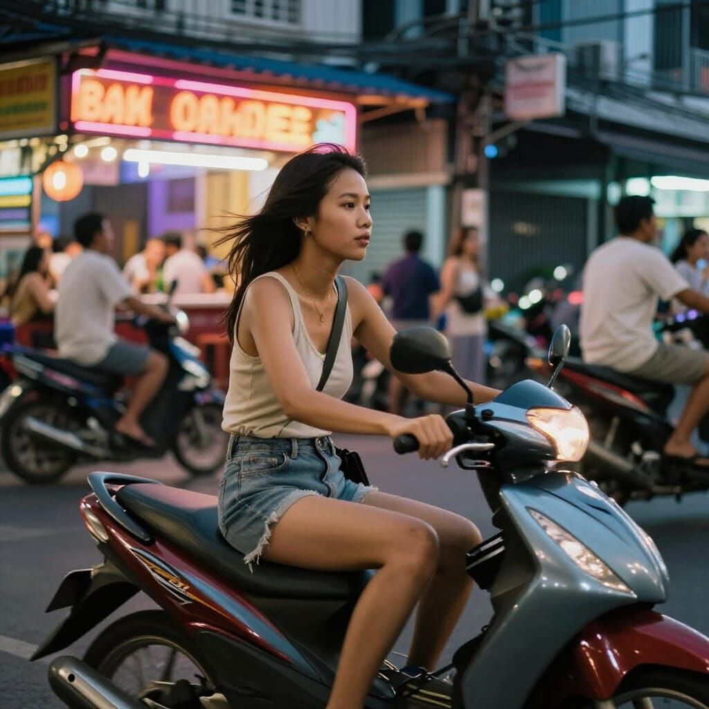 Thai Woman Rides Motorbike Through Pattaya Streets