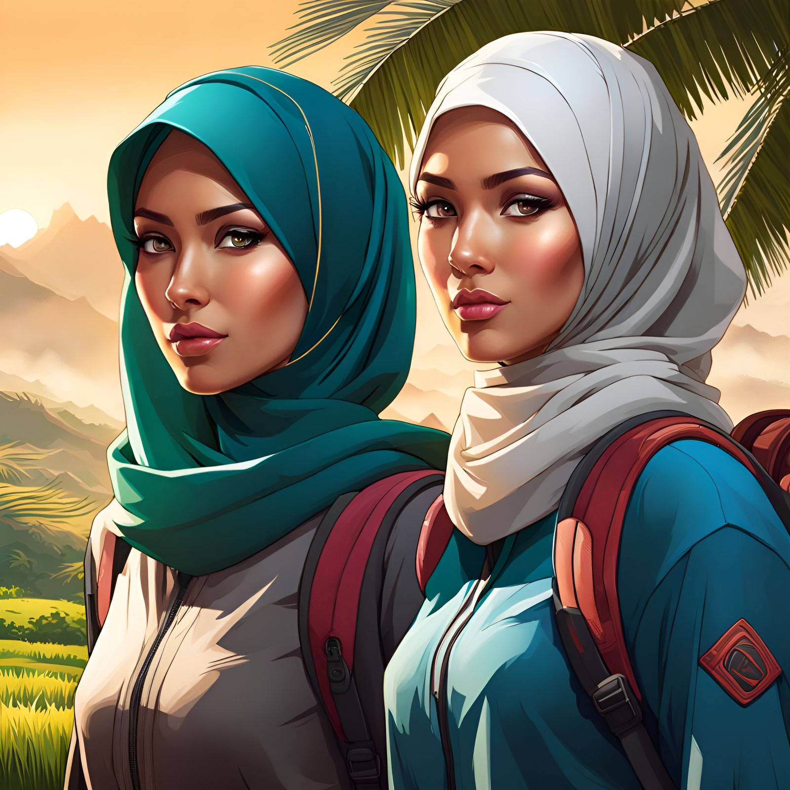 Women Hiking Through Asian Rice Fields: Digital Art