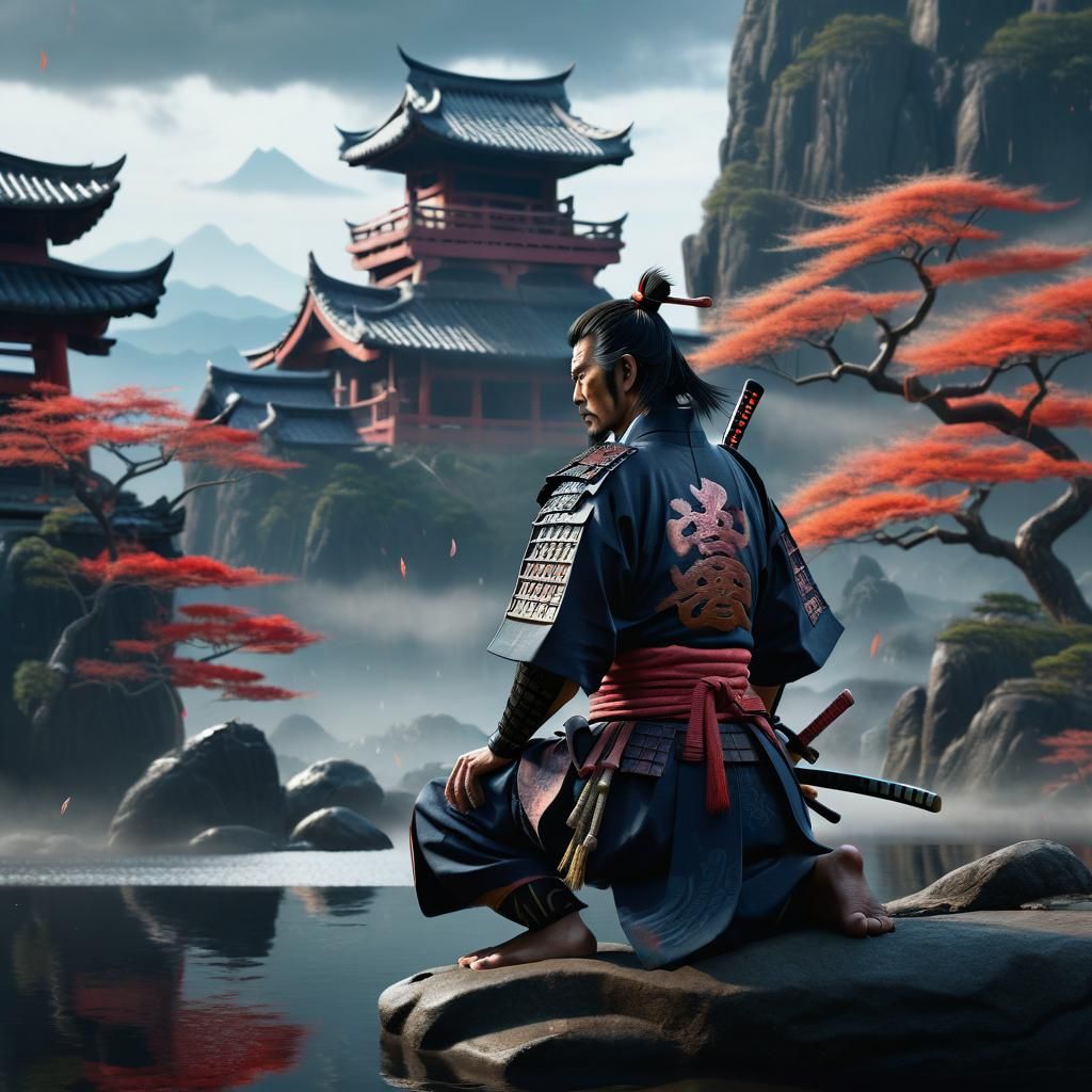 Samurai Contemplation: Detailed Fantasy Matte Painting