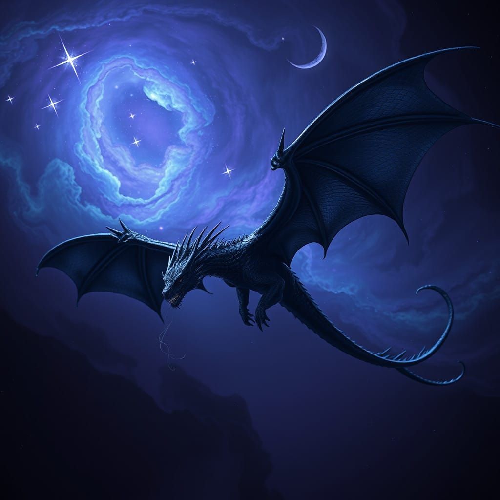Ethereal Dark Dragon Soars Through Bioluminescent Nebula