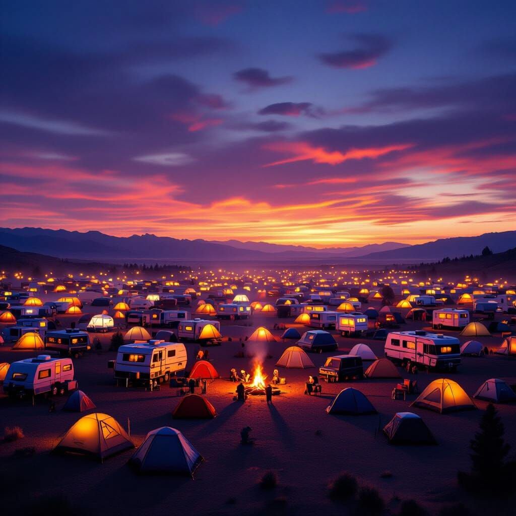 Vast Campsite Under Twilight Sky with 25 Million Campers