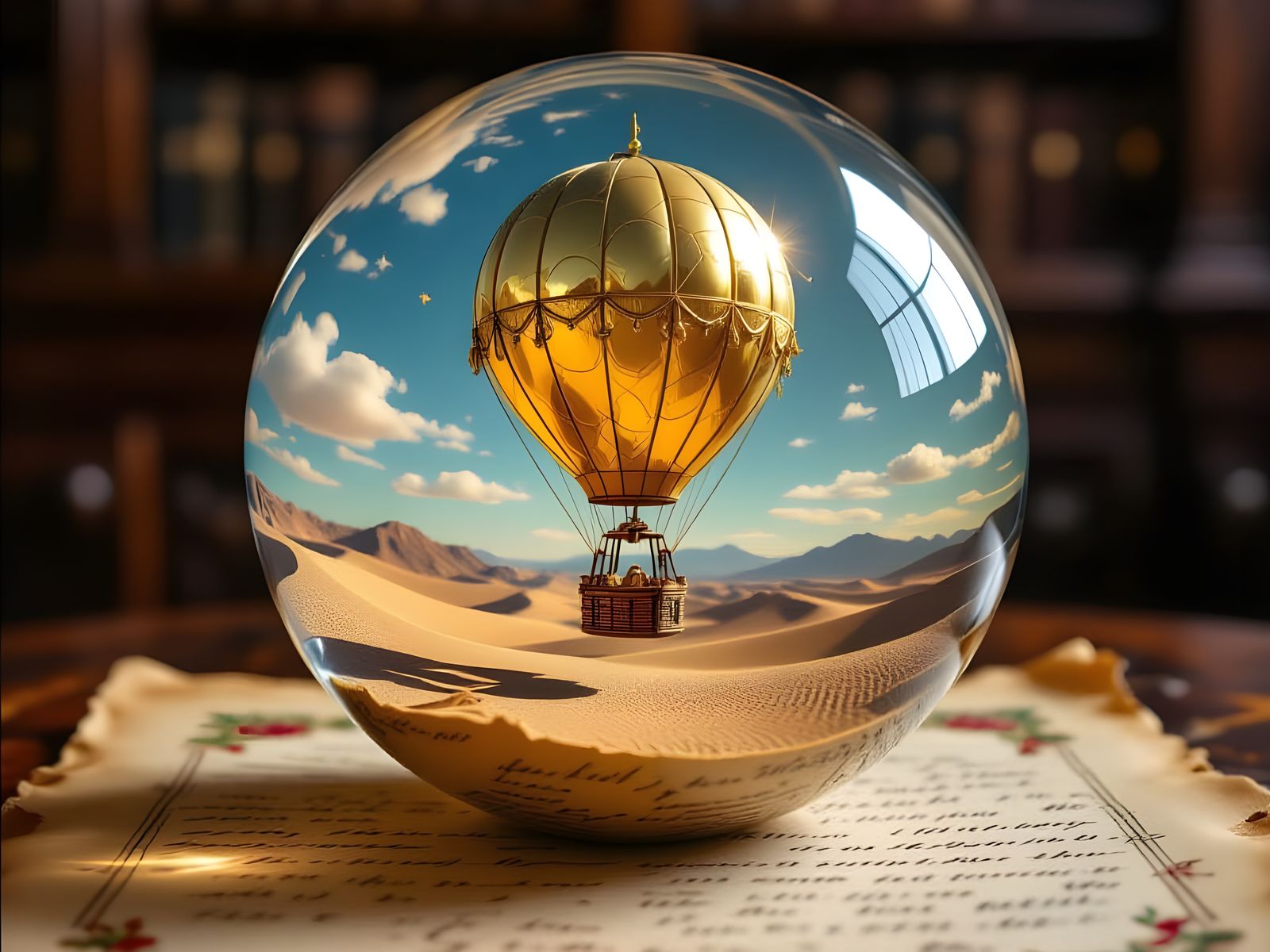 Golden Hot Air Balloon in Glass Sphere