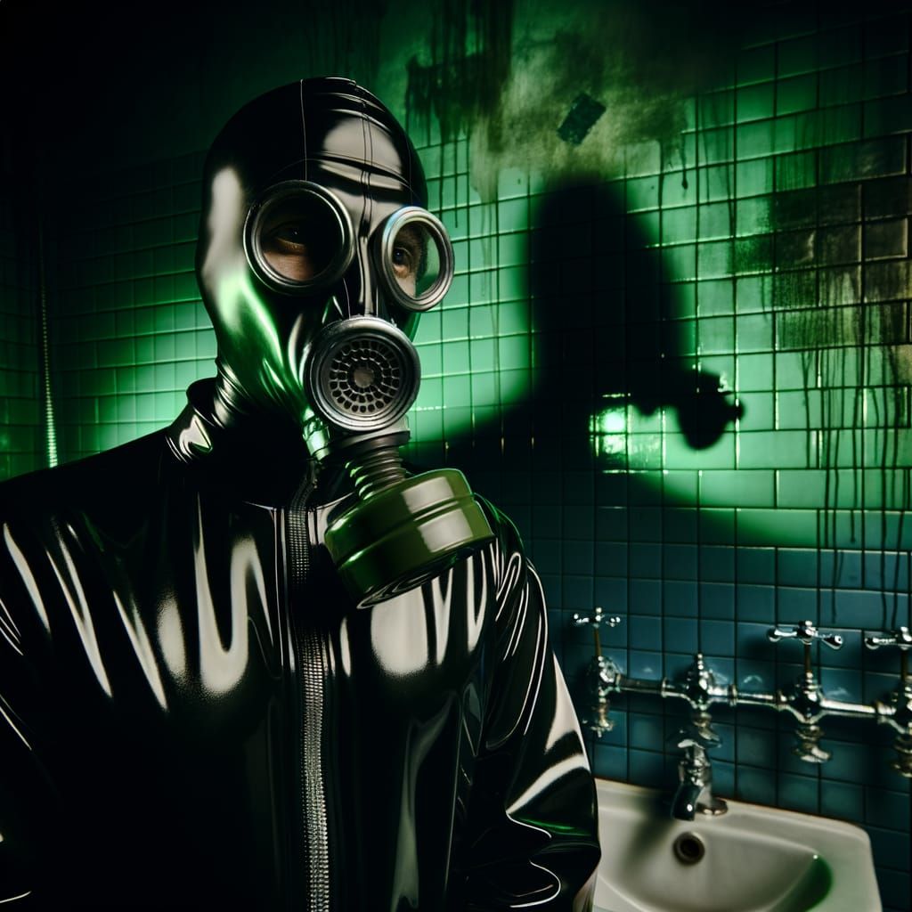Man in Gas Mask in Gloomy Green Bathroom