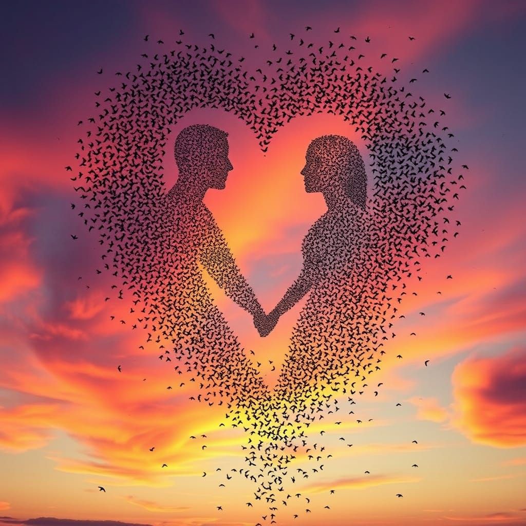 Birds Form Romantic Couple in Sunset Sky