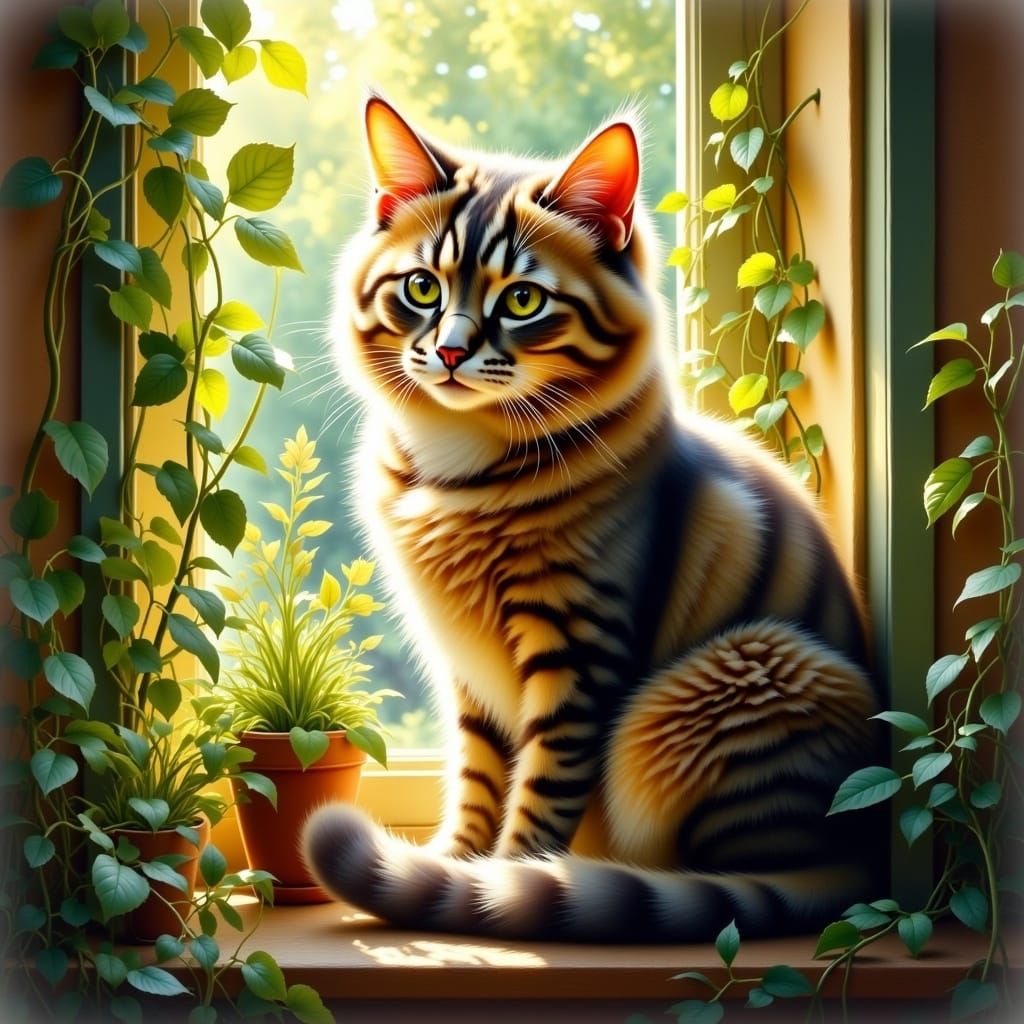 Radiant Cat in Window, Impressionist Style
