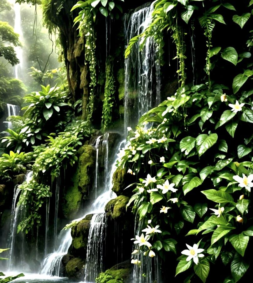 Lush Waterfall Scene in Digital Art Style