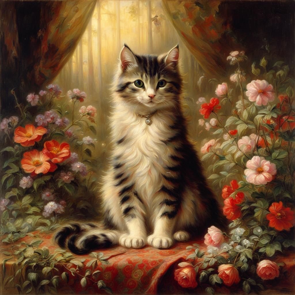 Cute Cat Surrounded by Flowers in Victorian Style