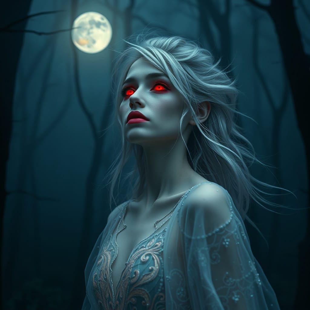Gothic Woman of Mystery in Dark, Misty Forest