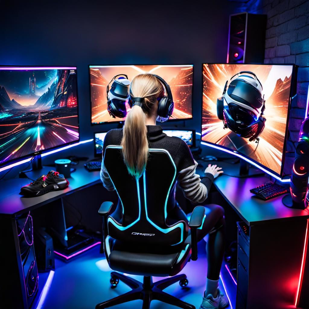 Blonde Gamer Girl in RGB Lit Room