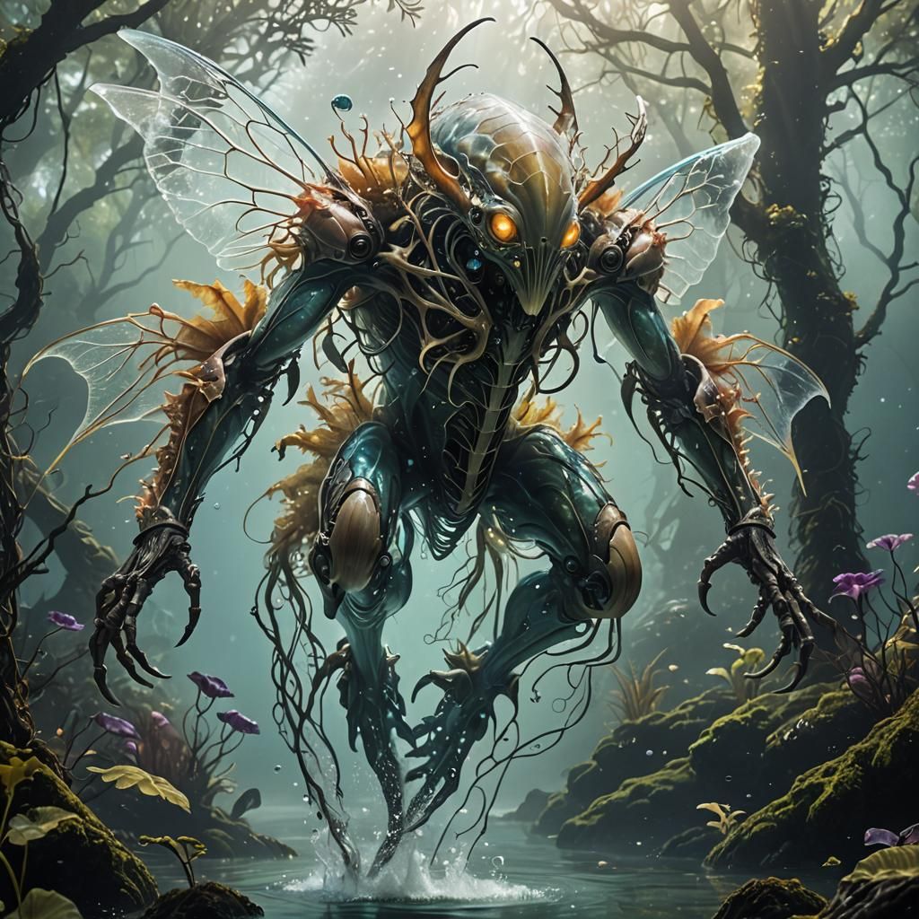 a alien underwater nymph awe inspiring anthropomorphic fit ram horned male albino winged alien creature, big fragile tra...