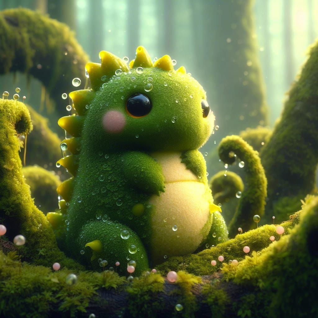 Adorable Moss Dragon with Dew Drops: Fairytale Art