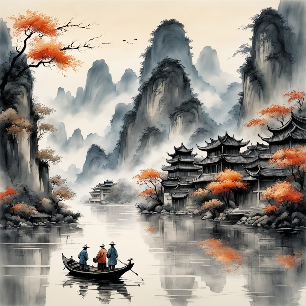 Misty Li River Landscape in Classic Chinese Style