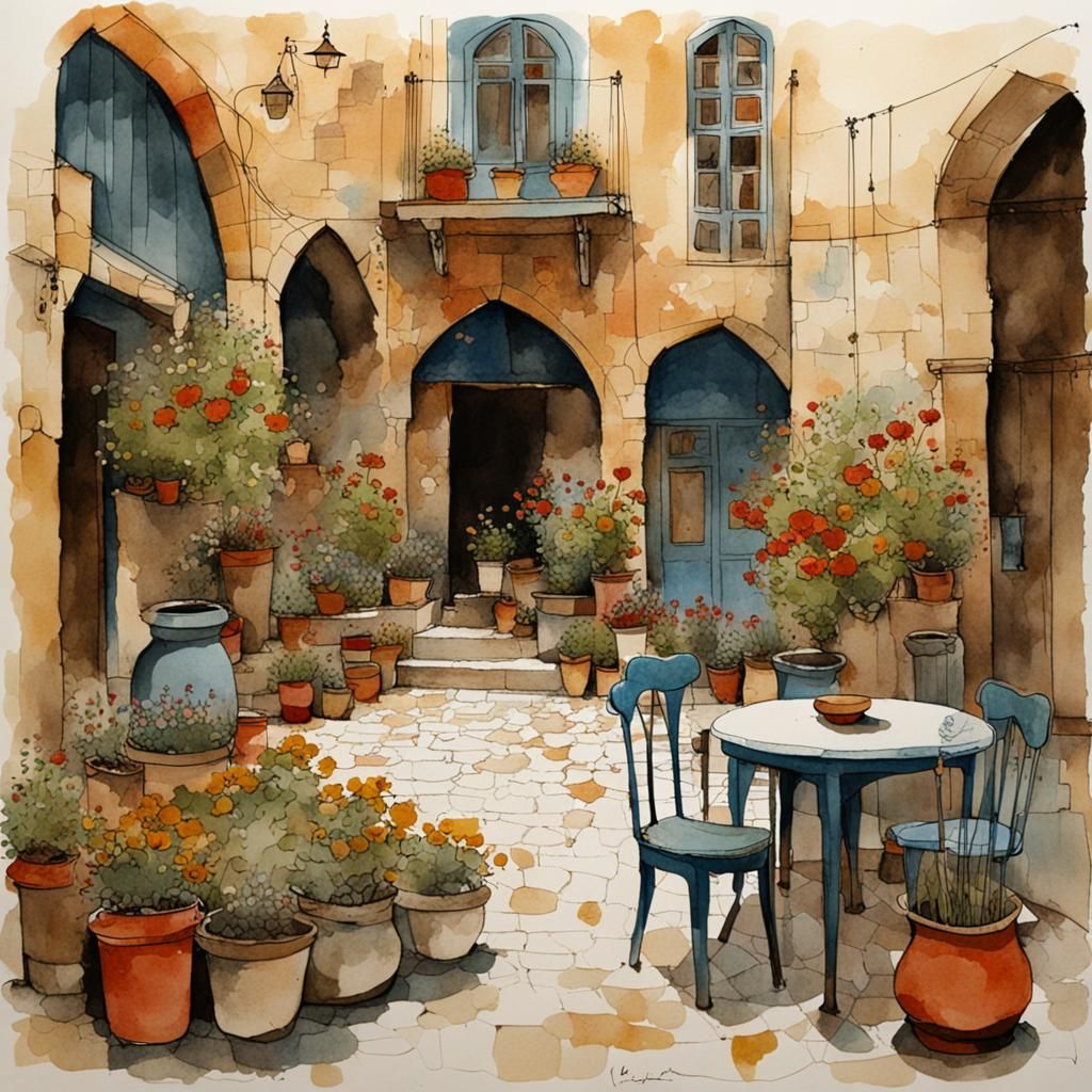 Arabic Courtyard with Flowers, Illustrated Style