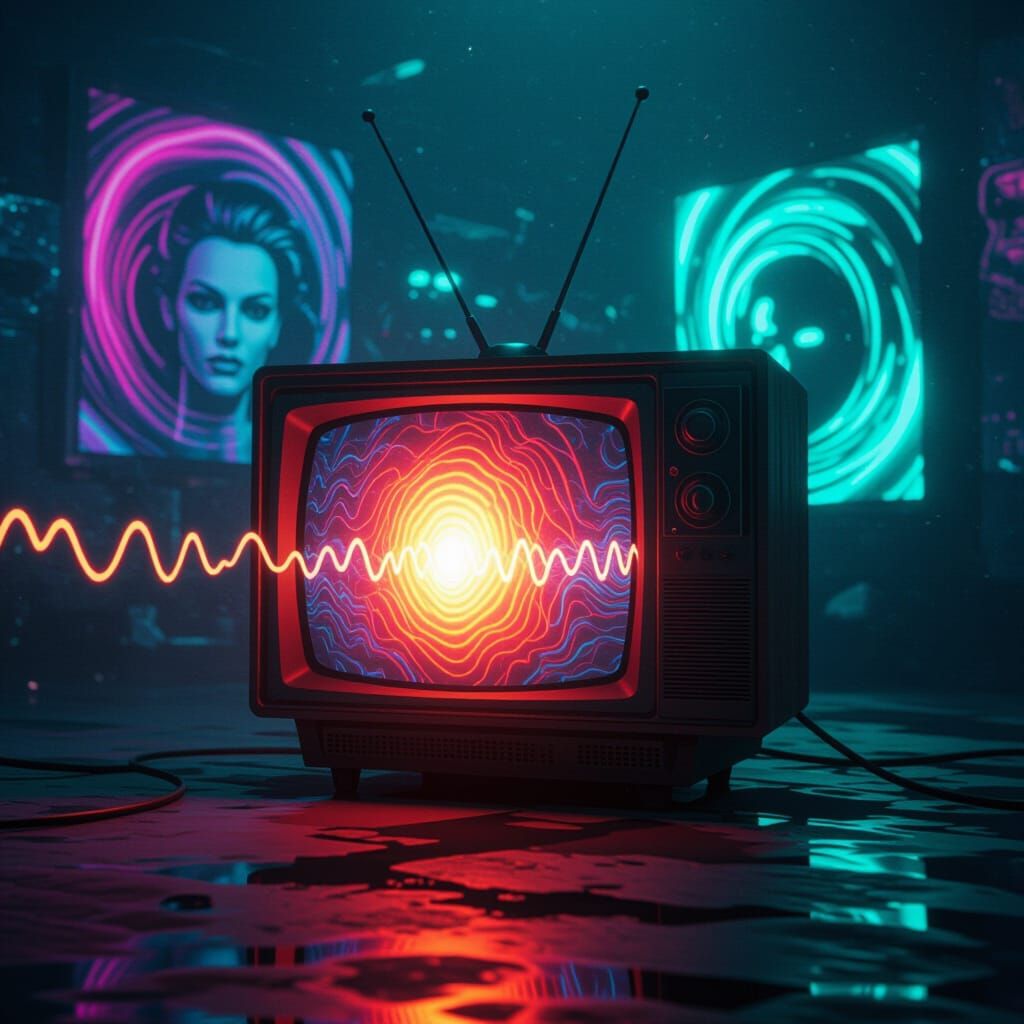 Vintage TV Emitting Eerie Frequencies in Cyberpunk Style